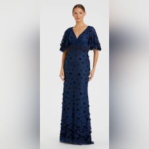 Mac Duggal Navy Blue Maxi Floral Embellished Lace Evening Gown, Flutter Sleeves